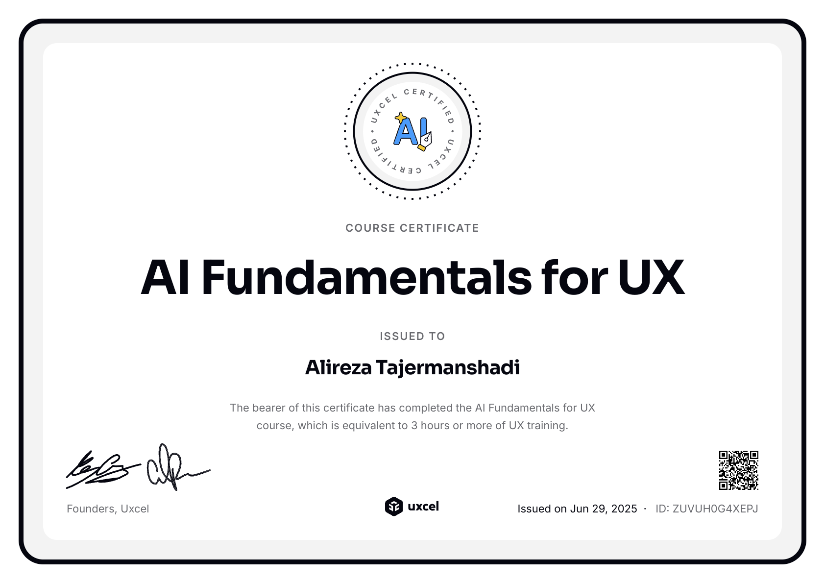Alireza Tajermanshadi's certificate